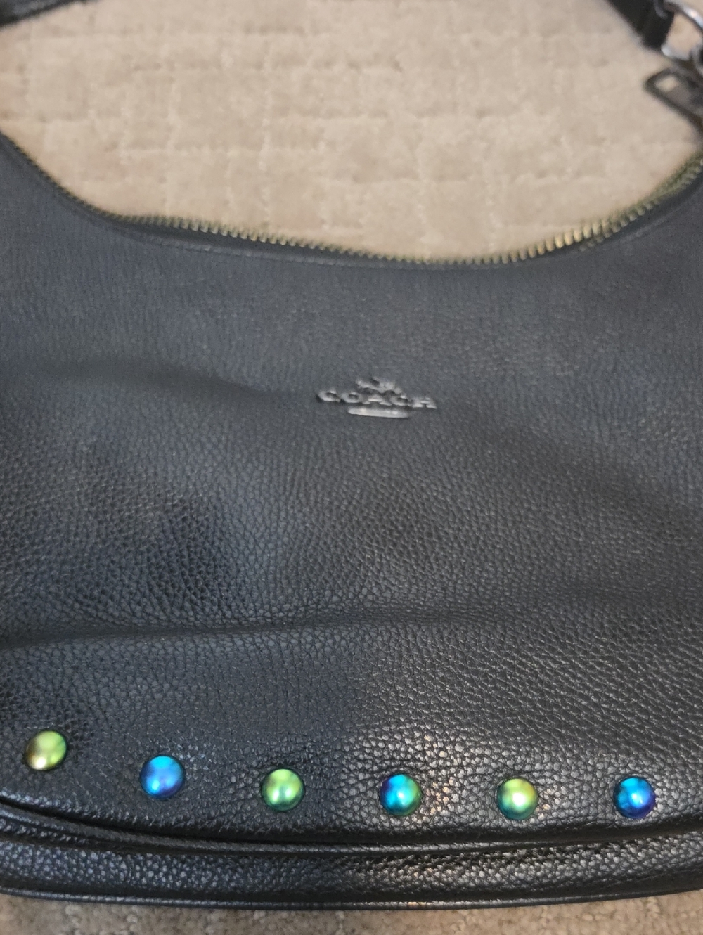 Coach Black Leather Shoulder Bag with Iridescent Stud Accents - Picture 2 of 6